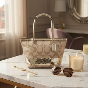 Coach Gold and Tan Signature Tote EUC